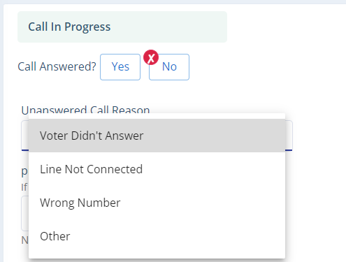 The unanswered-call reason determines whether a voter returns to the queue.
