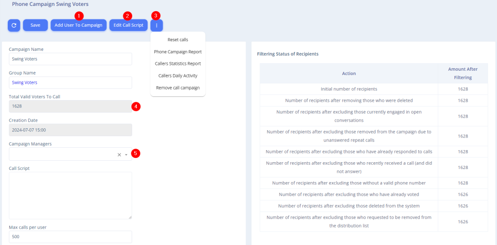 Add callers and review the campaign overview.