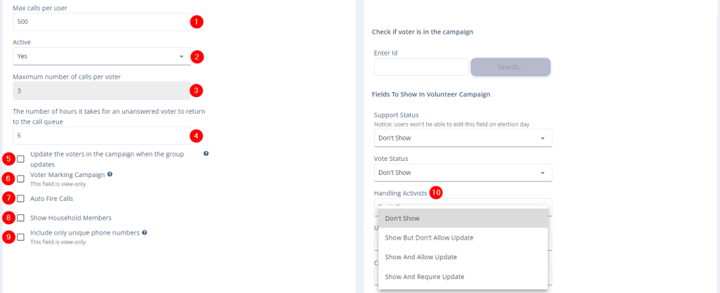 Configure calling limits, retry timing, and other campaign settings.